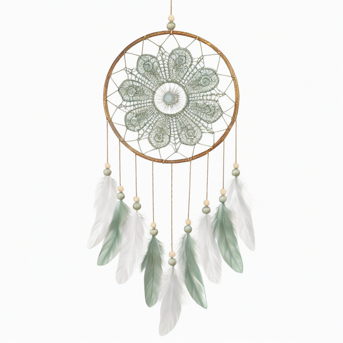 Acchiappasogni sospeso 35 x 85 cm in corda e piume verde salvia stile boho