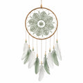 Acchiappasogni sospeso 35 x 85 cm in corda e piume verde salvia stile boho