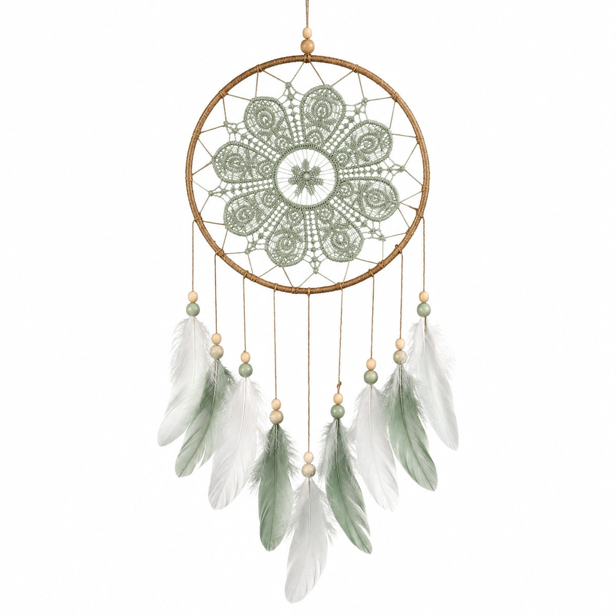 Acchiappasogni sospeso 35 x 85 cm in corda e piume verde salvia stile boho