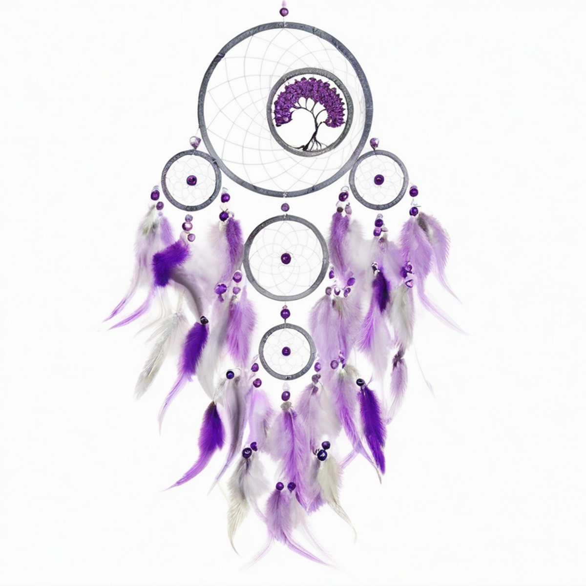 Acchiappasogni sospeso 30 x 75 cm in metallo e piume viola grigio con decorazione ad albero