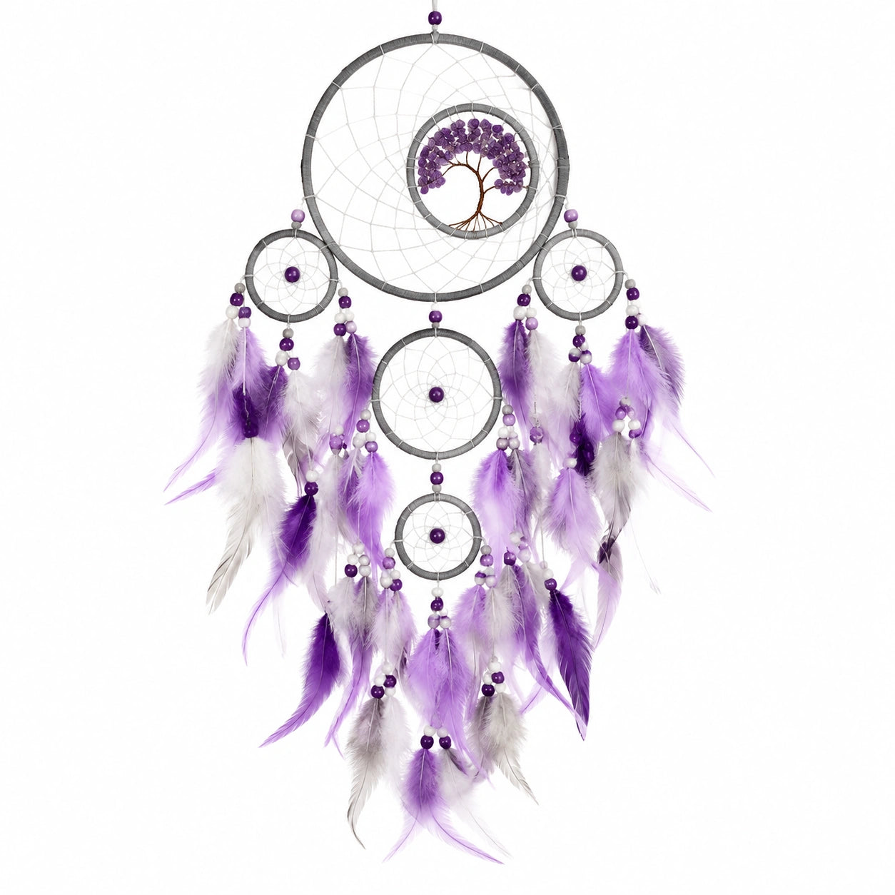 Acchiappasogni sospeso 30 x 75 cm in metallo e piume viola grigio con decorazione ad albero