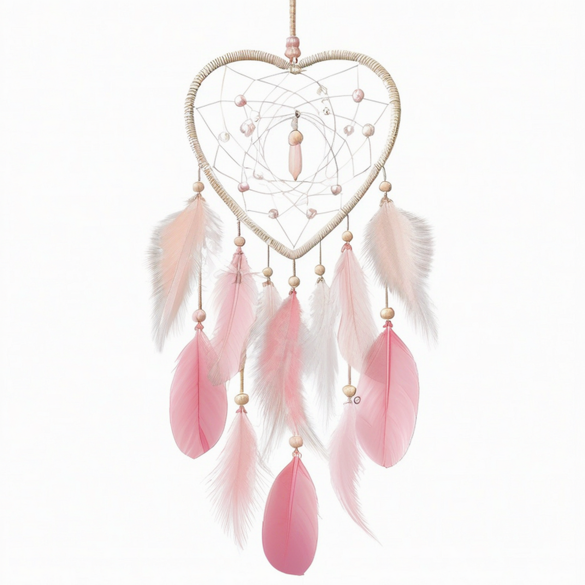 Acchiappasogni a cuore 30 x 75 cm in corda e piume rosa bianco - decorazione sospesa boho