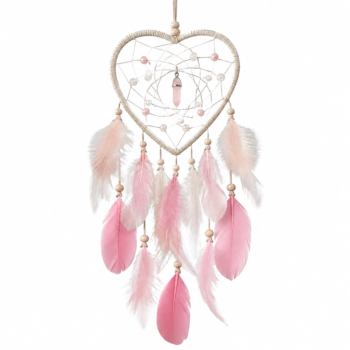 Acchiappasogni a cuore 30 x 75 cm in corda e piume rosa bianco - decorazione sospesa boho
