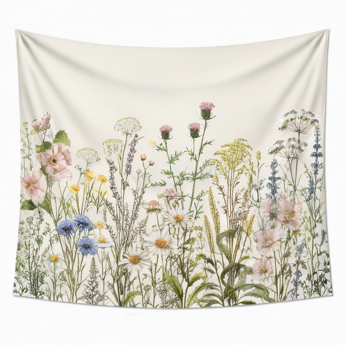 Arazzo da parete 150 x 130 cm in tessuto beige con fiori di campo - decorazione botanica