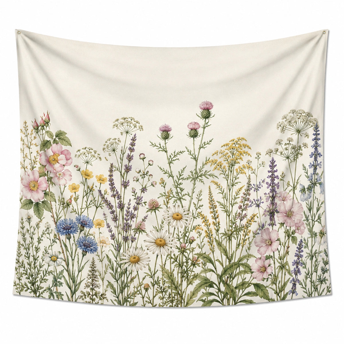 Arazzo da parete 150 x 130 cm in tessuto beige con fiori di campo - decorazione botanica
