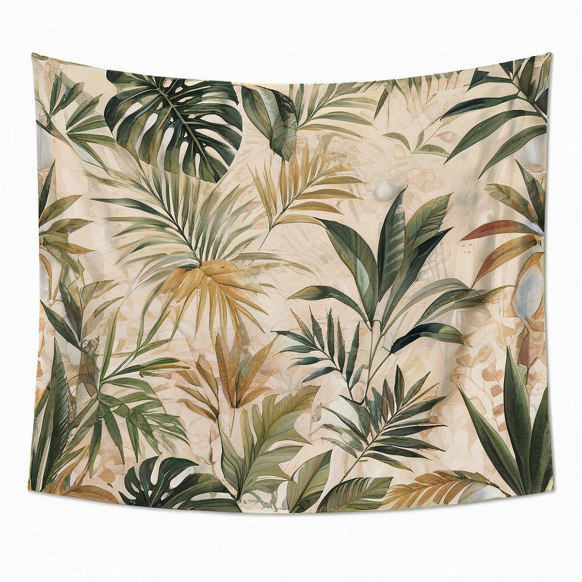 Arazzo da parete 150 x 130 cm in poliestere beige verde con foglie tropicali - decorazione boho