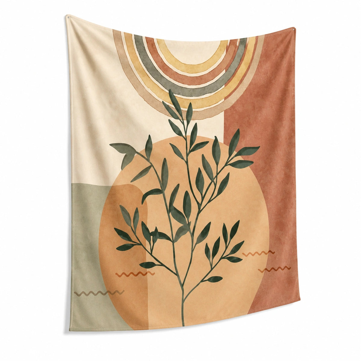 Arazzo da parete 150 x 150 cm in tessuto beige terracotta e verde con motivo botanico geometrico