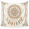Arazzo da parete 150 x 150 cm in poliestere beige con mandala e piume stile boho