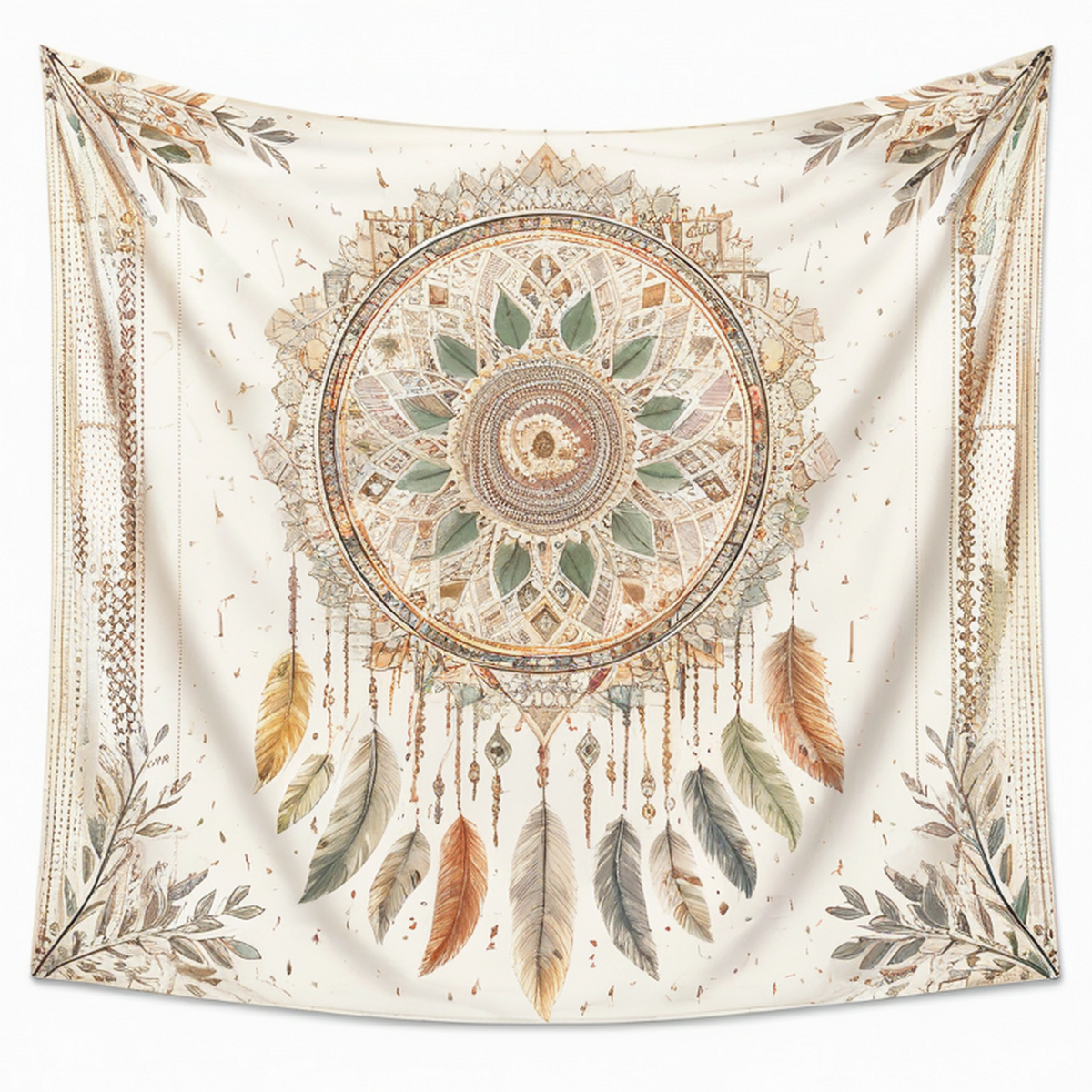 Arazzo da parete 150 x 150 cm in poliestere beige con mandala e piume stile boho