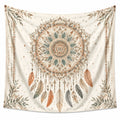 Arazzo da parete 150 x 150 cm in poliestere beige con mandala e piume stile boho