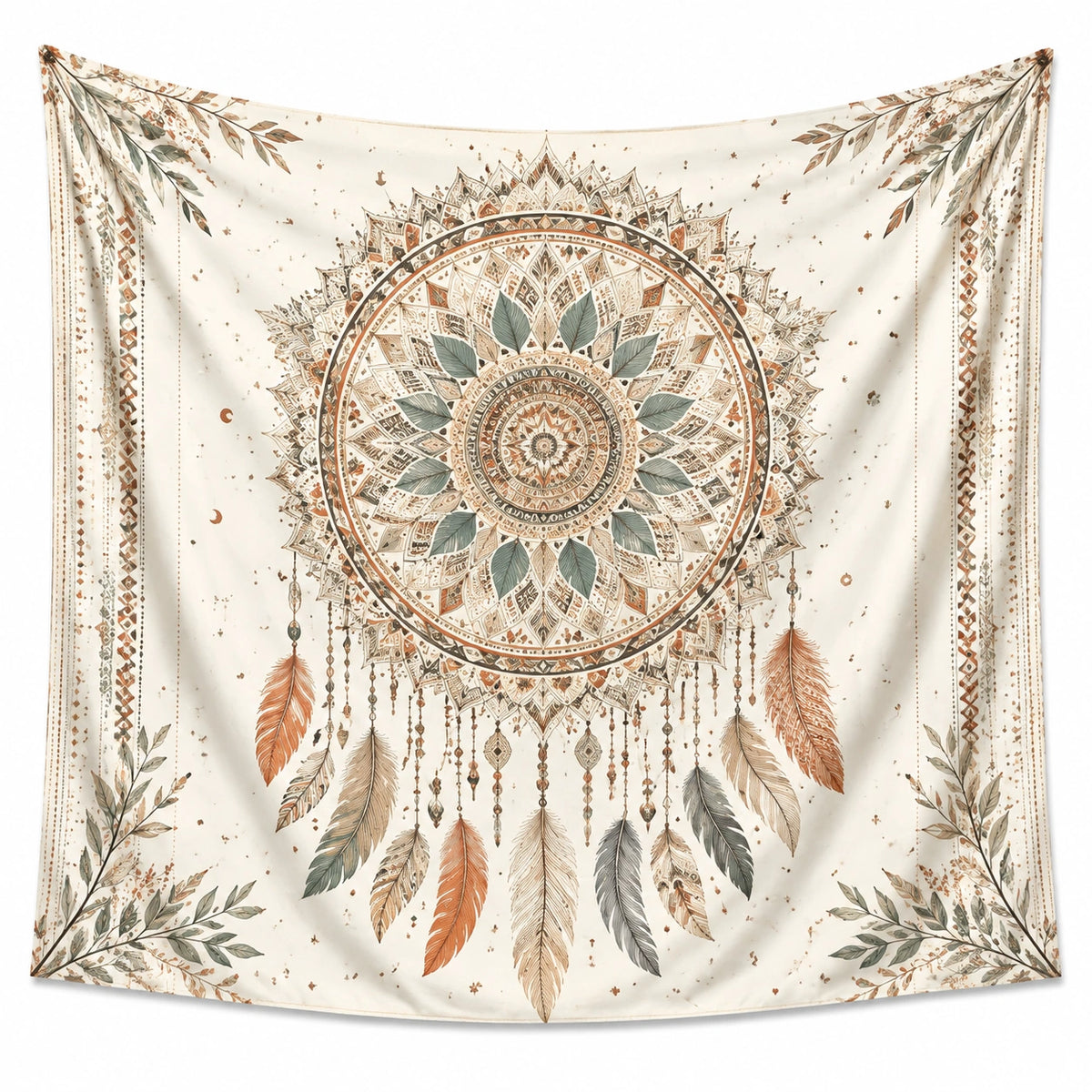 Arazzo da parete 150 x 150 cm in poliestere beige con mandala e piume stile boho