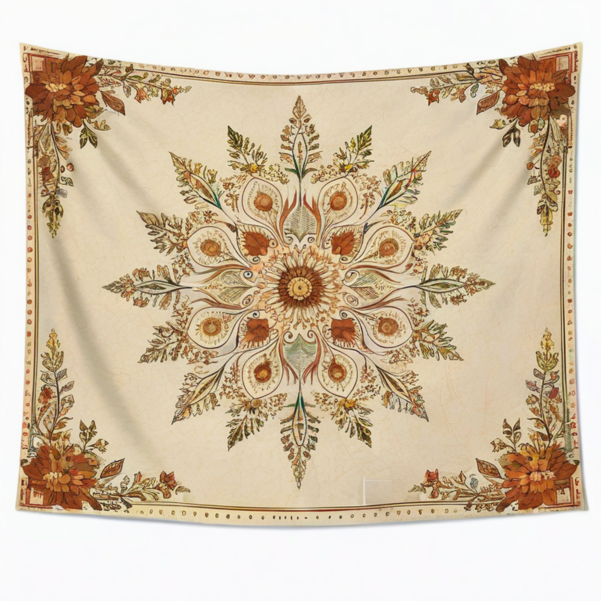Arazzo da parete 150 x 150 cm in poliestere beige con stampa floreale stile bohémien decorativo