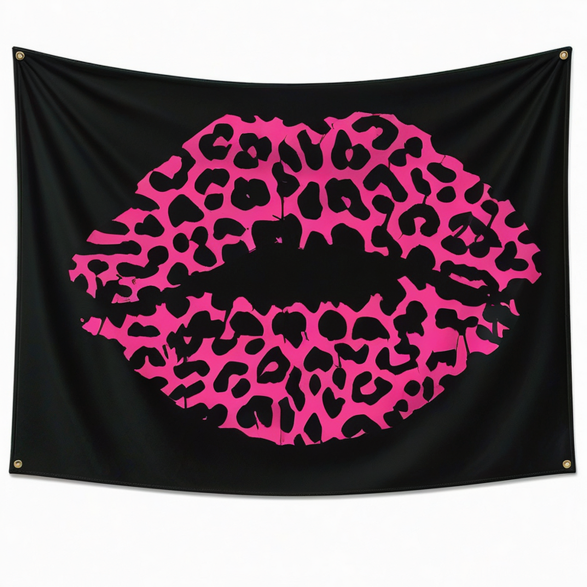 Arazzo da parete 150 x 130 cm in poliestere nero e rosa con stampa labbra leopardate stile pop