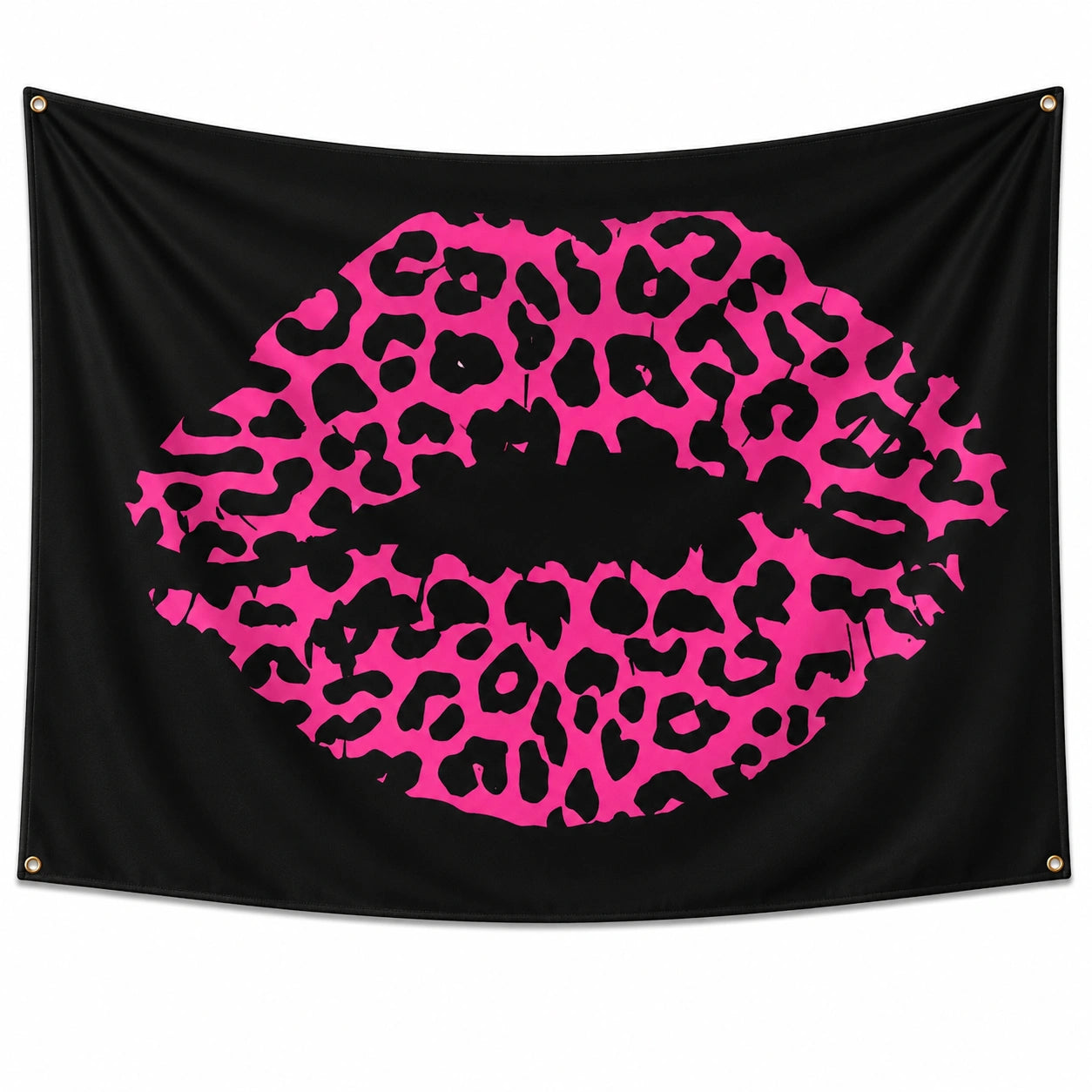 Arazzo da parete 150 x 130 cm in poliestere nero e rosa con stampa labbra leopardate stile pop