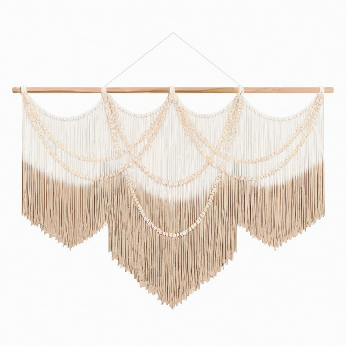 Arazzo da parete 120 x 95 cm in cotone beige con frange e perline in legno stile boho