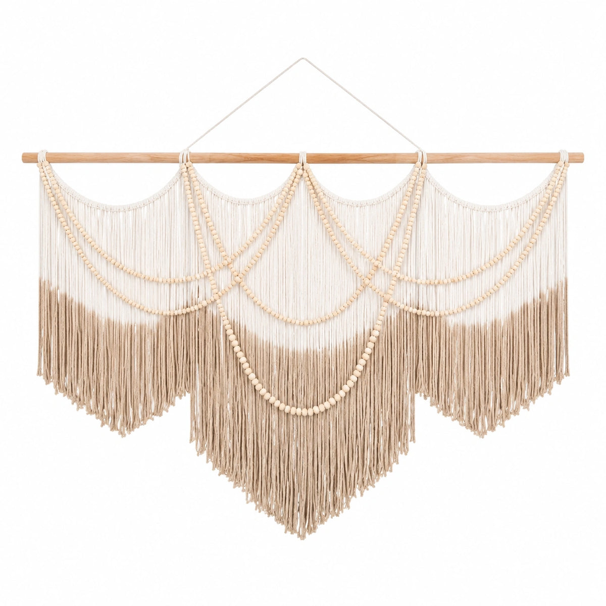 Arazzo da parete 120 x 95 cm in cotone beige con frange e perline in legno stile boho