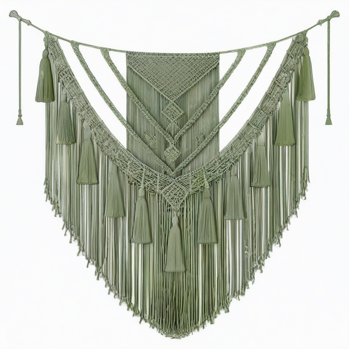 Arazzo da parete in macramè 100 x 110 cm in cotone verde salvia con frange stile bohémien