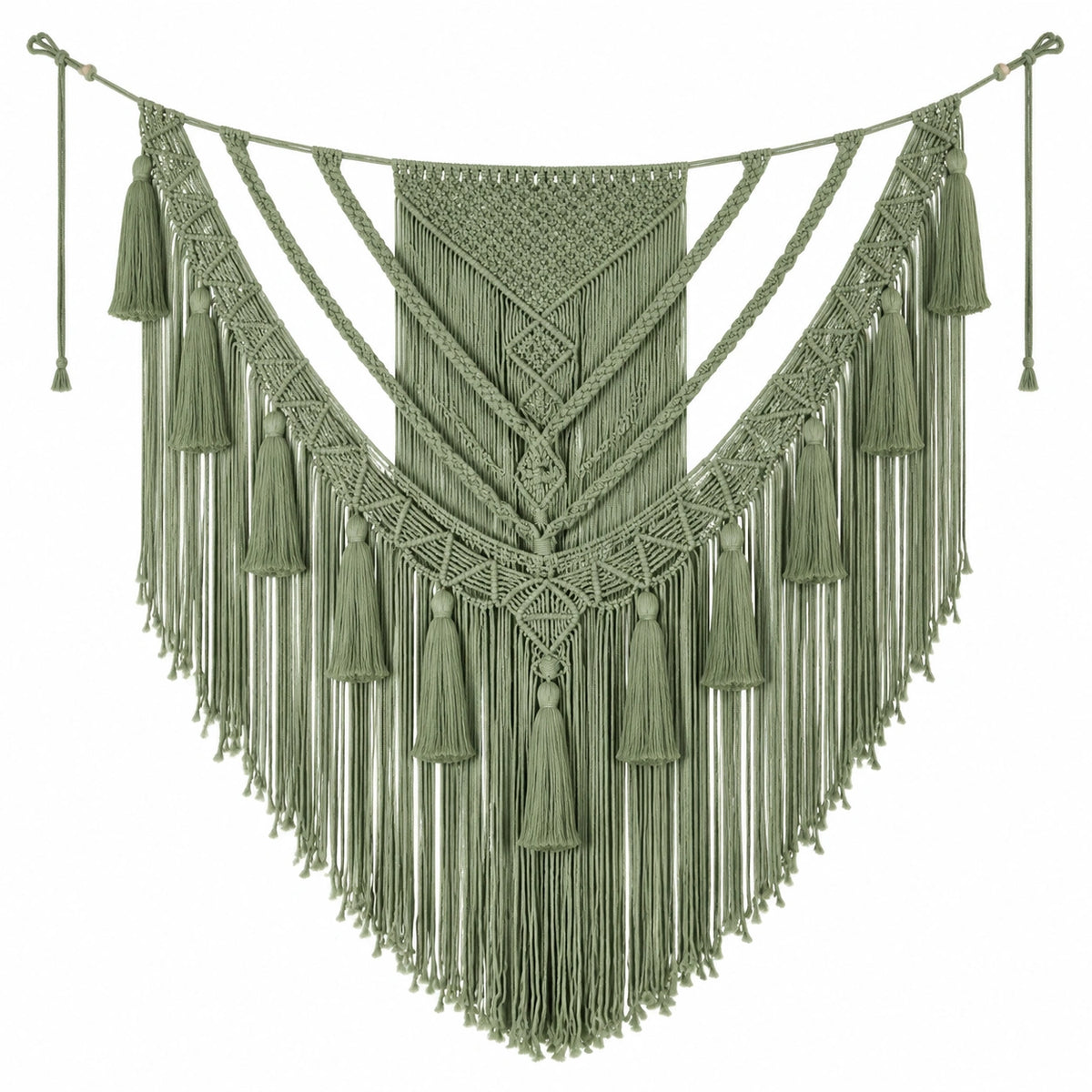 Arazzo da parete in macramè 100 x 110 cm in cotone verde salvia con frange stile bohémien