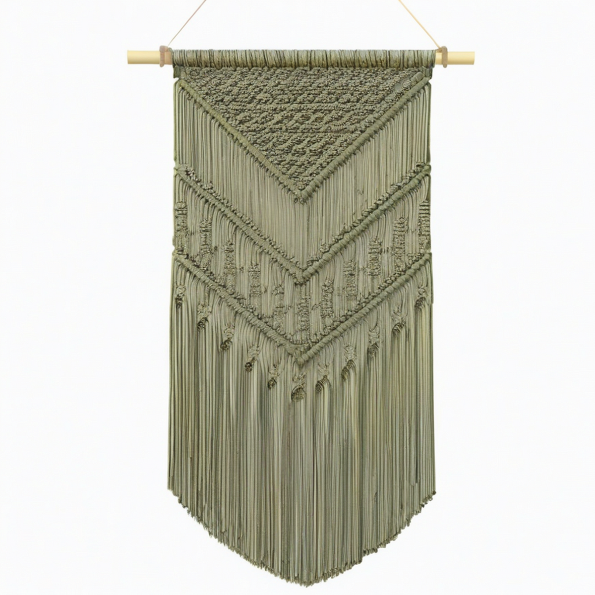 Arazzo da parete 50 x 100 cm in corda di cotone verde salvia con frange stile boho