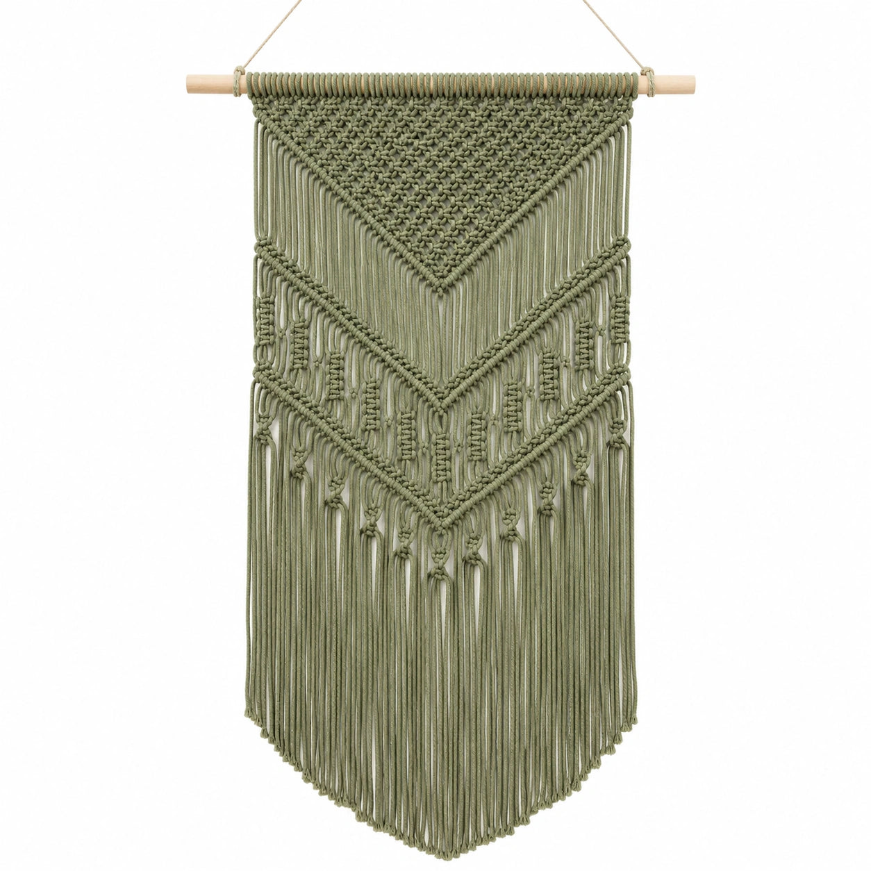 Arazzo da parete 50 x 100 cm in corda di cotone verde salvia con frange stile boho