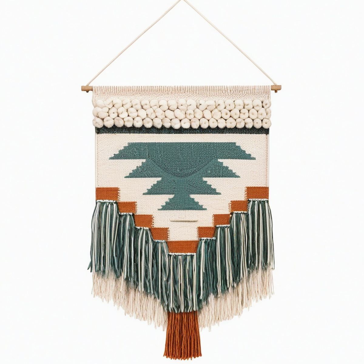Arazzo da parete 50 x 90 cm in cotone beige verde e terracotta con frange stile boho