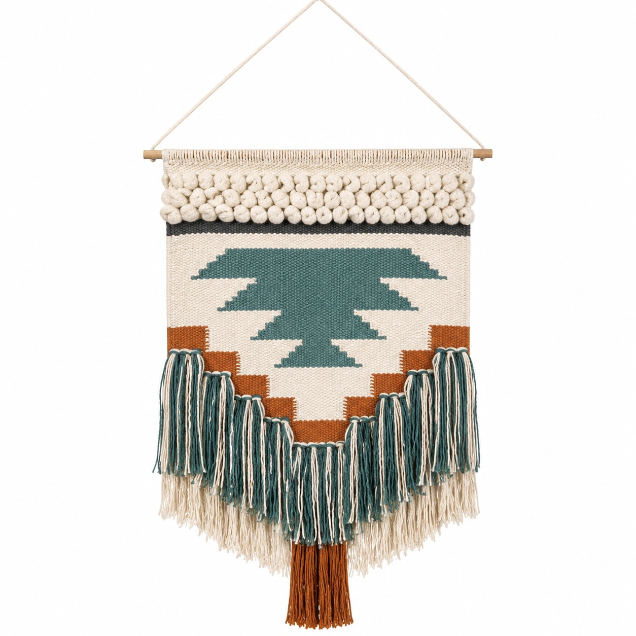 Arazzo da parete 50 x 90 cm in cotone beige verde e terracotta con frange stile boho