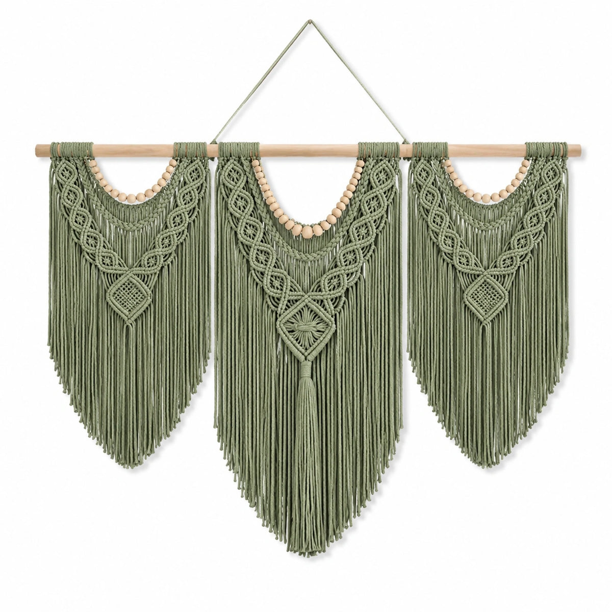 Arazzo da parete 110 x 100 cm in cotone verde salvia con frange stile boho