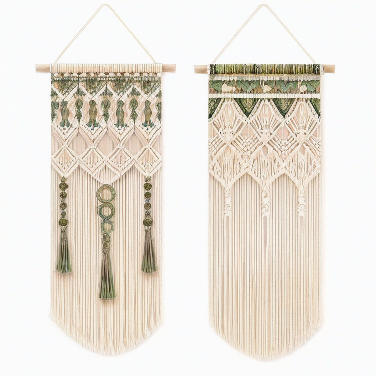 Set di 2 arazzi da parete 40 x 90 cm in cotone beige e verde - decorazione macramè boho