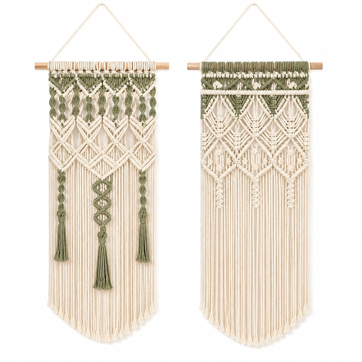 Set di 2 arazzi da parete 40 x 90 cm in cotone beige e verde - decorazione macramè boho