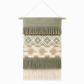 Arazzo da parete 40 x 80 cm in fibre tessili verde salvia avorio e beige con frange stile boho