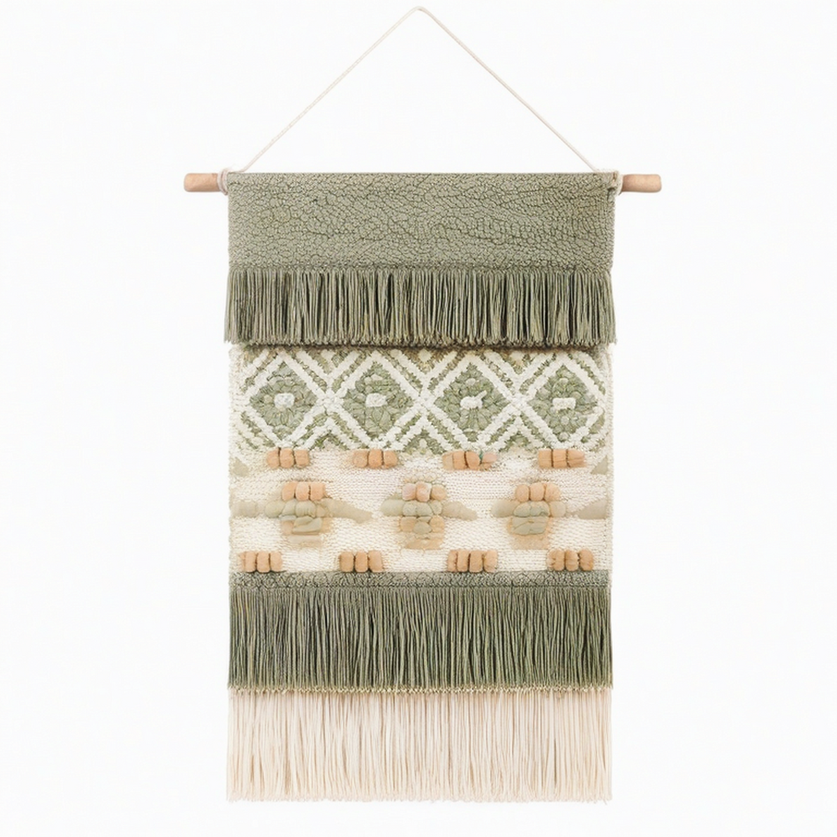 Arazzo da parete 40 x 80 cm in fibre tessili verde salvia avorio e beige con frange stile boho