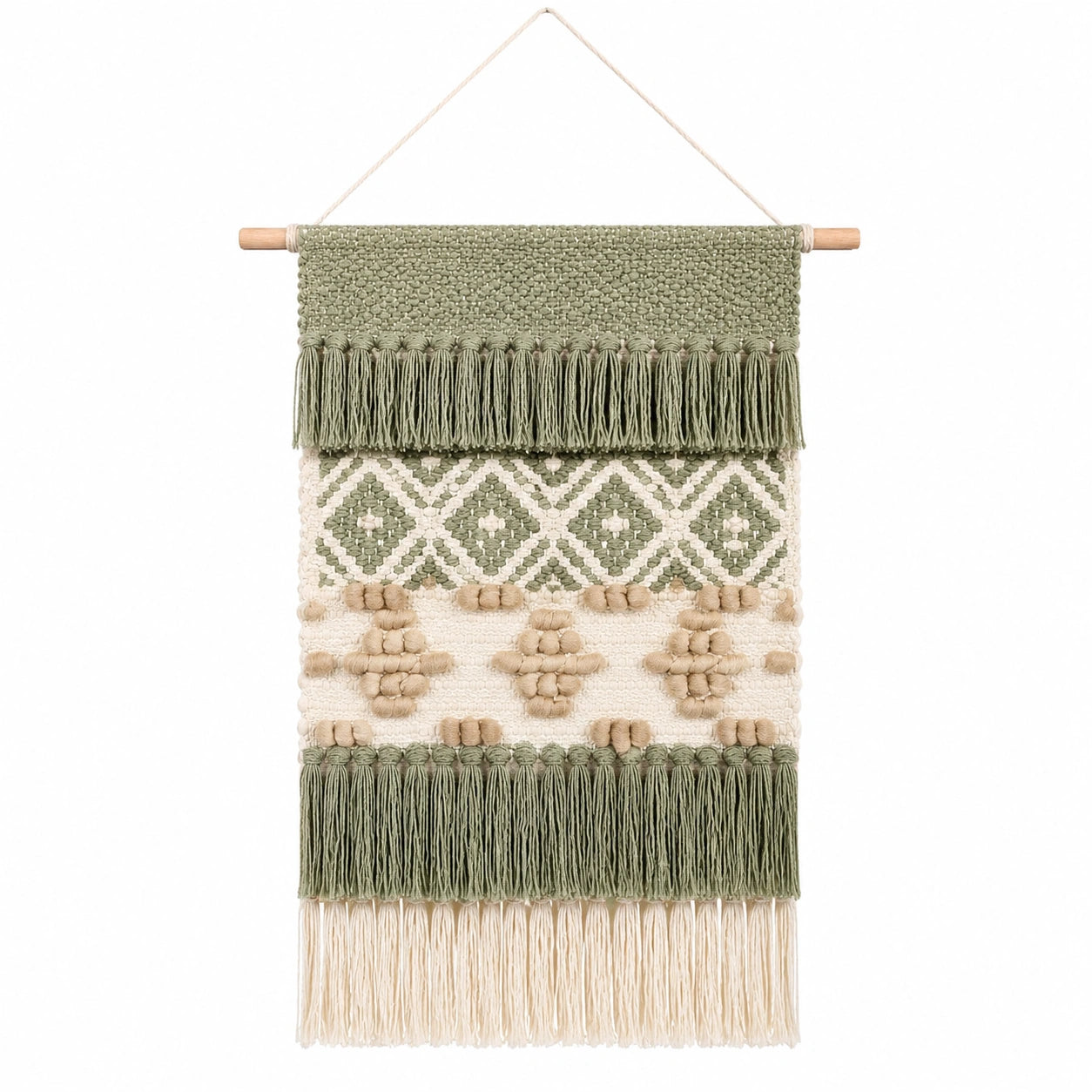 Arazzo da parete 40 x 80 cm in fibre tessili verde salvia avorio e beige con frange stile boho