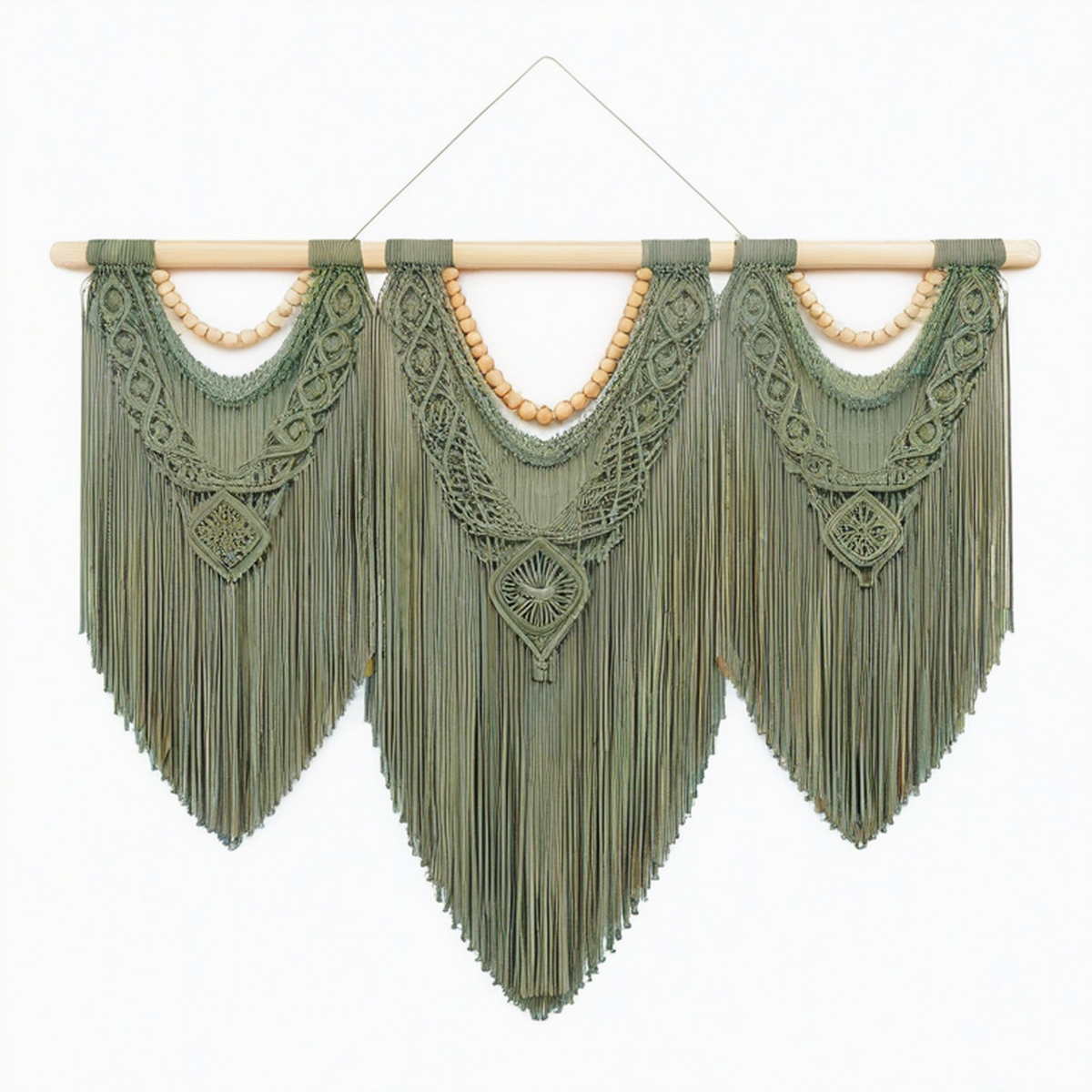 Arazzo da parete in cotone verde salvia 100 x 90 cm stile boho con frange