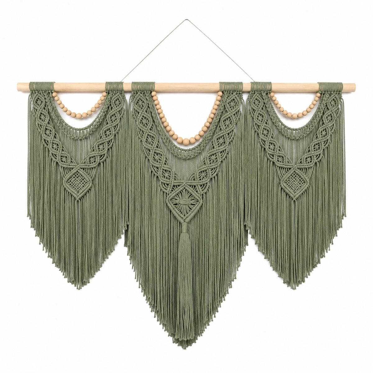 Arazzo da parete in cotone verde salvia 100 x 90 cm stile boho con frange