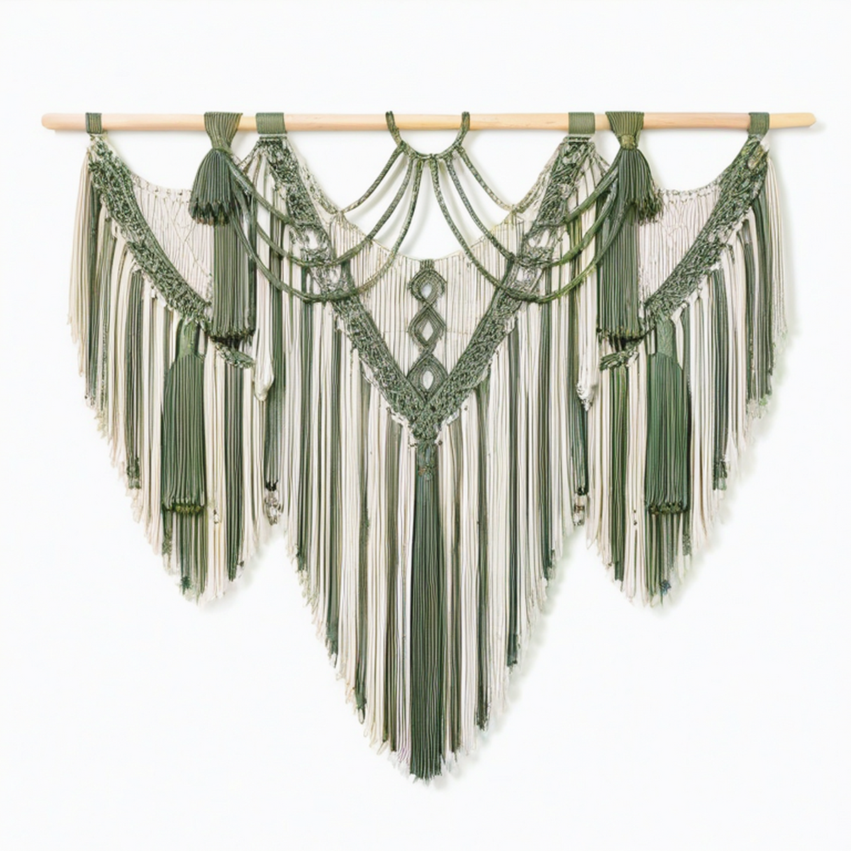 Arazzo da parete in macramè 120 x 110 cm verde salvia e avorio con frange stile boho