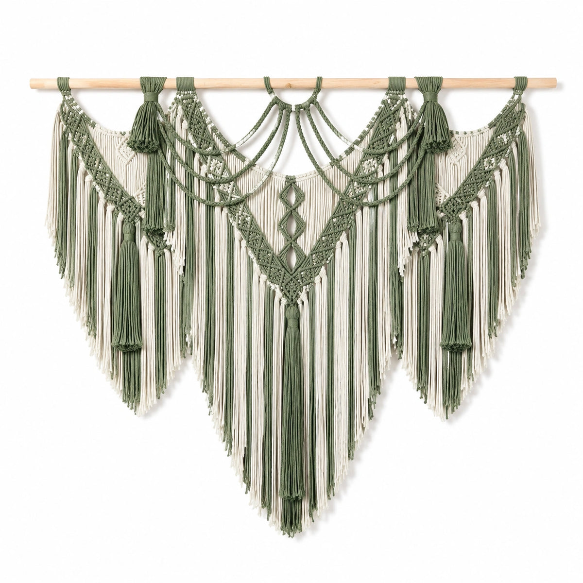 Arazzo da parete in macramè 120 x 110 cm verde salvia e avorio con frange stile boho