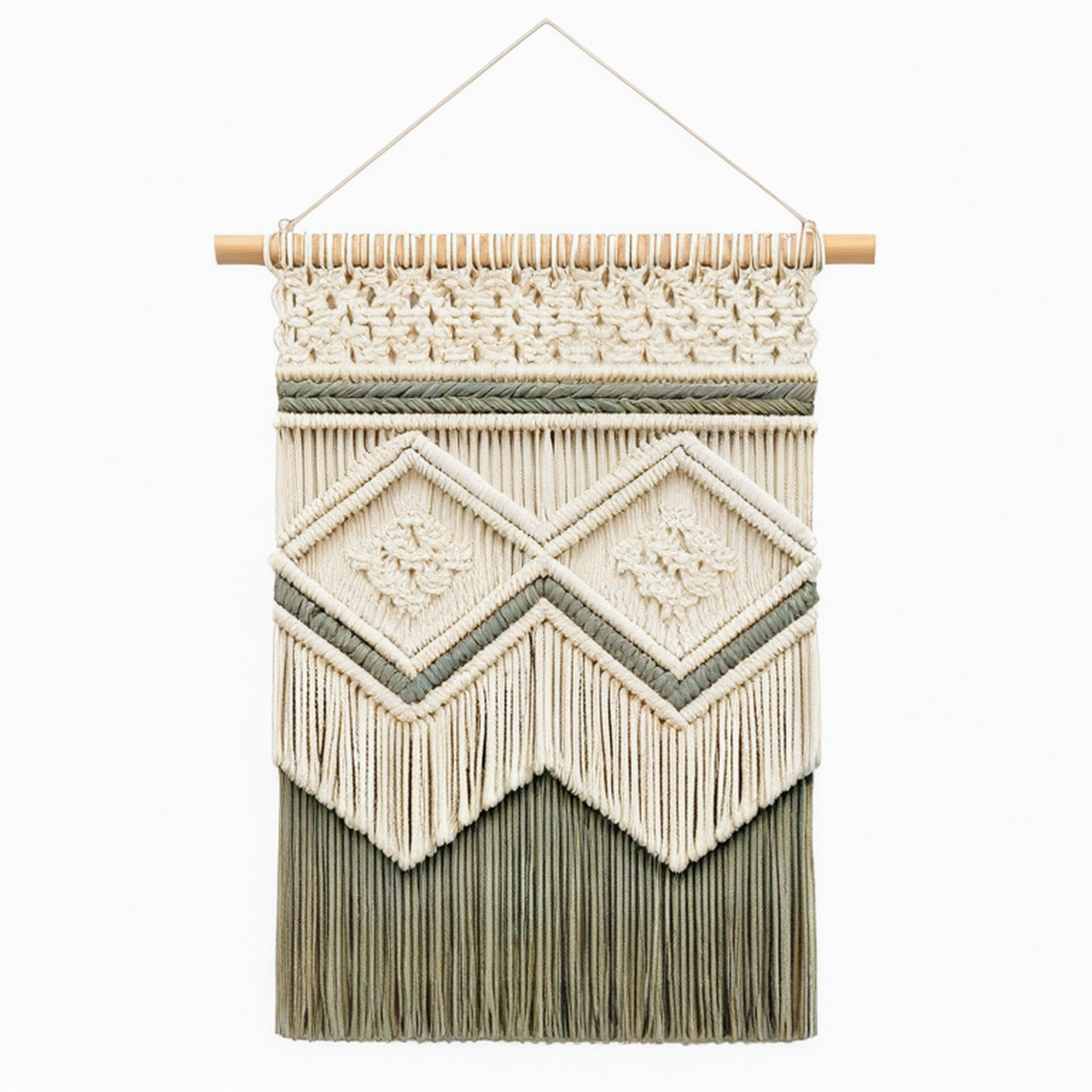 Arazzo da parete 45 x 85 cm in cotone avorio e verde salvia con bastone in legno stile boho