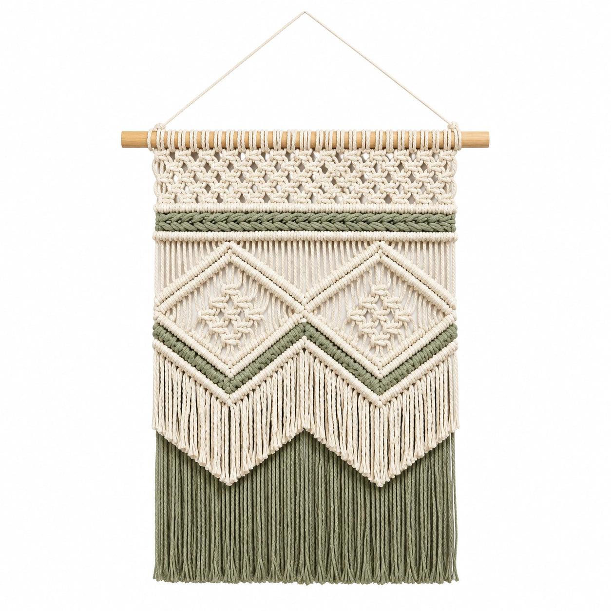Arazzo da parete 45 x 85 cm in cotone avorio e verde salvia con bastone in legno stile boho
