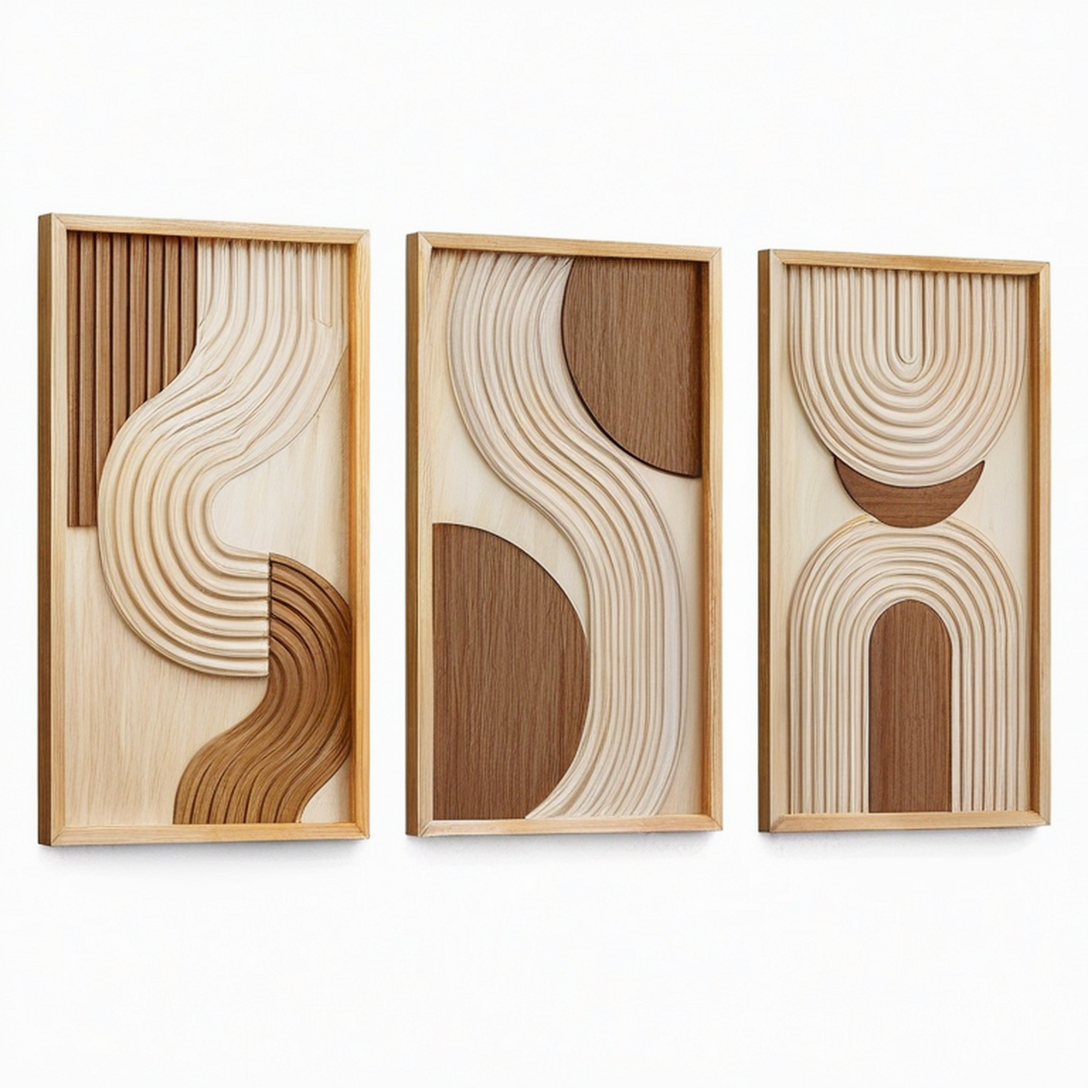 Set di quadri decorativi da parete 30 x 60 cm in legno beige e marrone con rilievi geometrici stile moderno