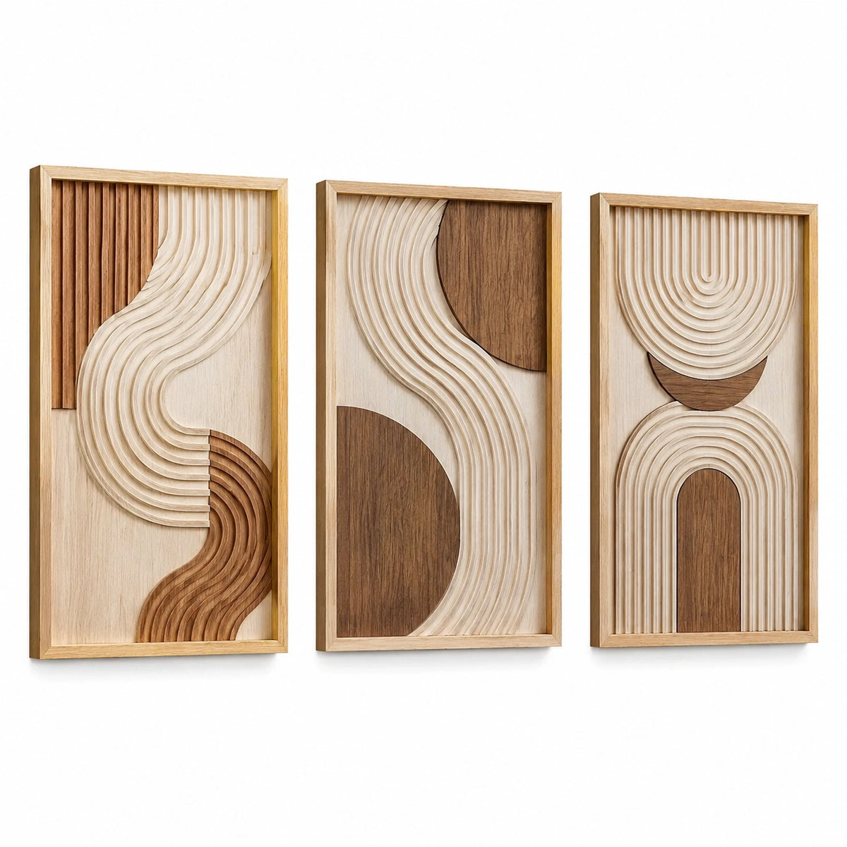 Set di quadri decorativi da parete 30 x 60 cm in legno beige e marrone con rilievi geometrici stile moderno