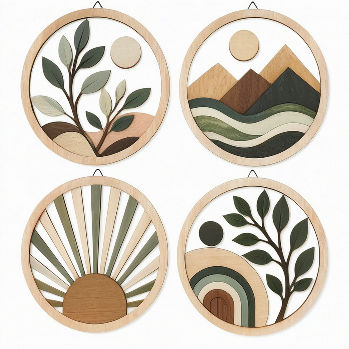 Set di 4 decorazioni murali rotonde 30 cm in legno beige verde stile naturale