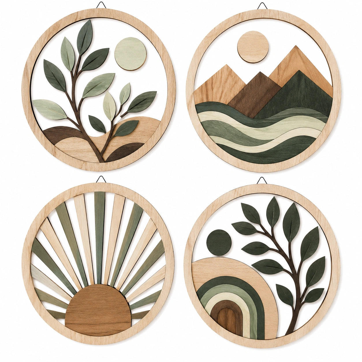 Set di 4 decorazioni murali rotonde 30 cm in legno beige verde stile naturale