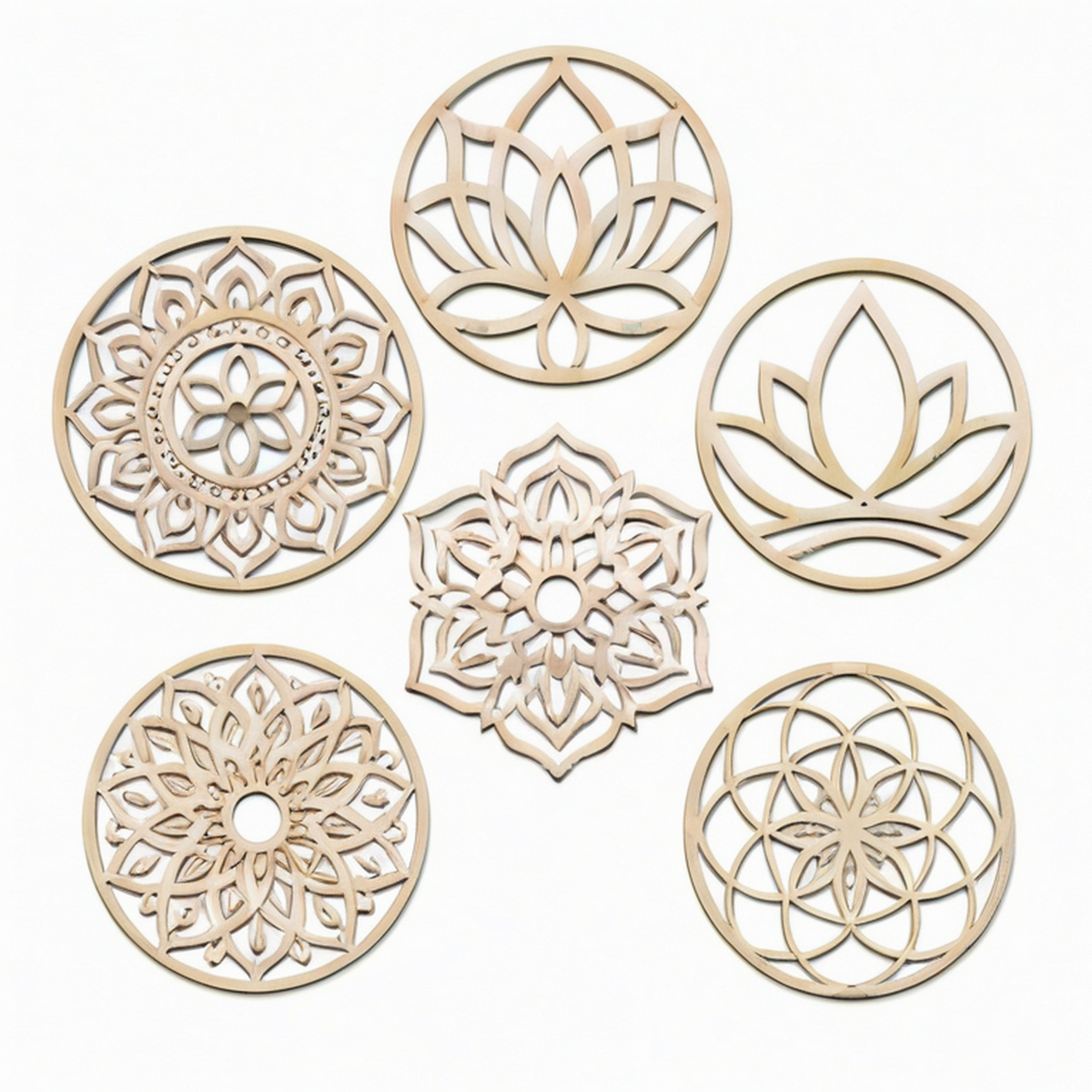 Set decorazioni da parete 30 cm in legno beige - 6 pezzi con motivi floreali stile boho
