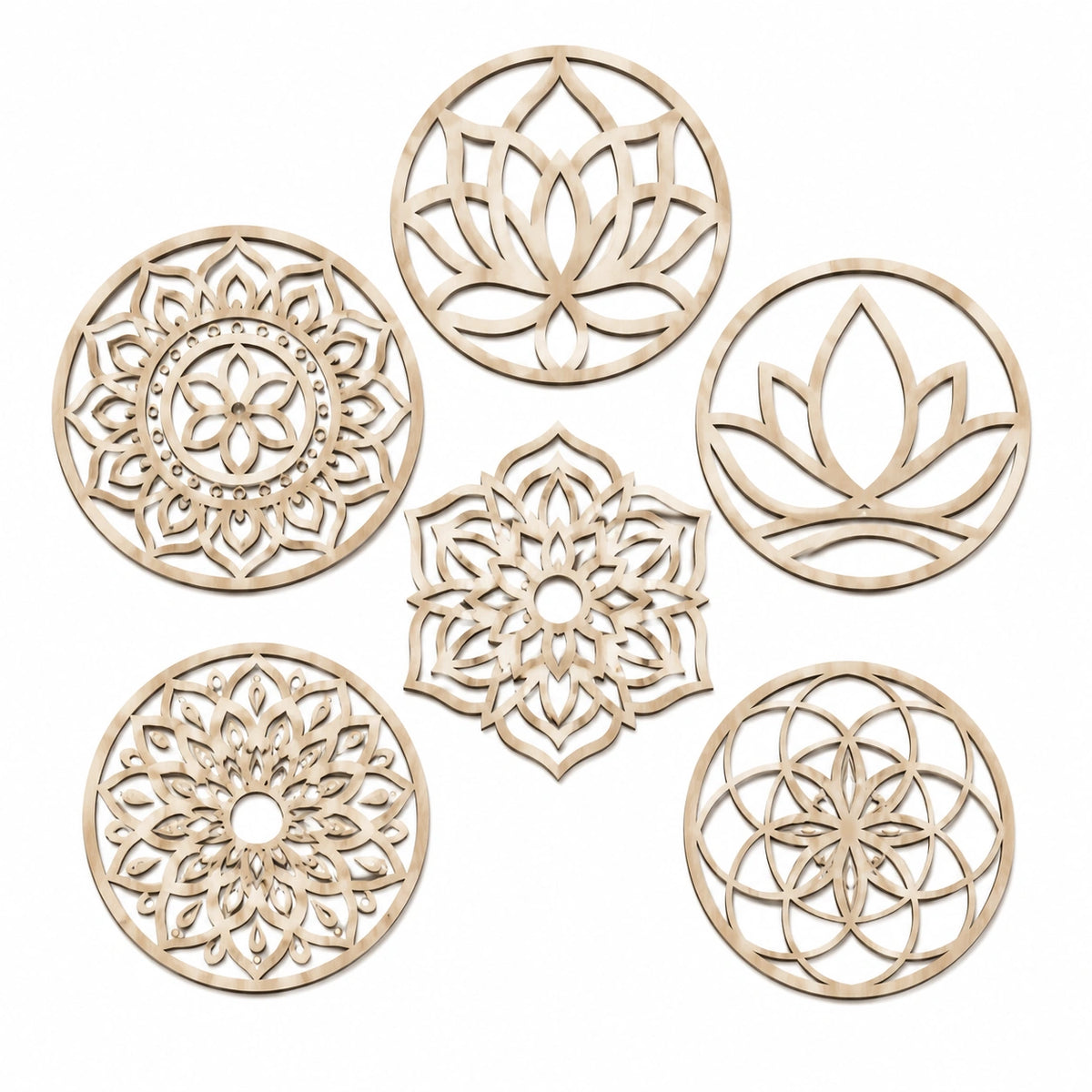 Set decorazioni da parete 30 cm in legno beige - 6 pezzi con motivi floreali stile boho