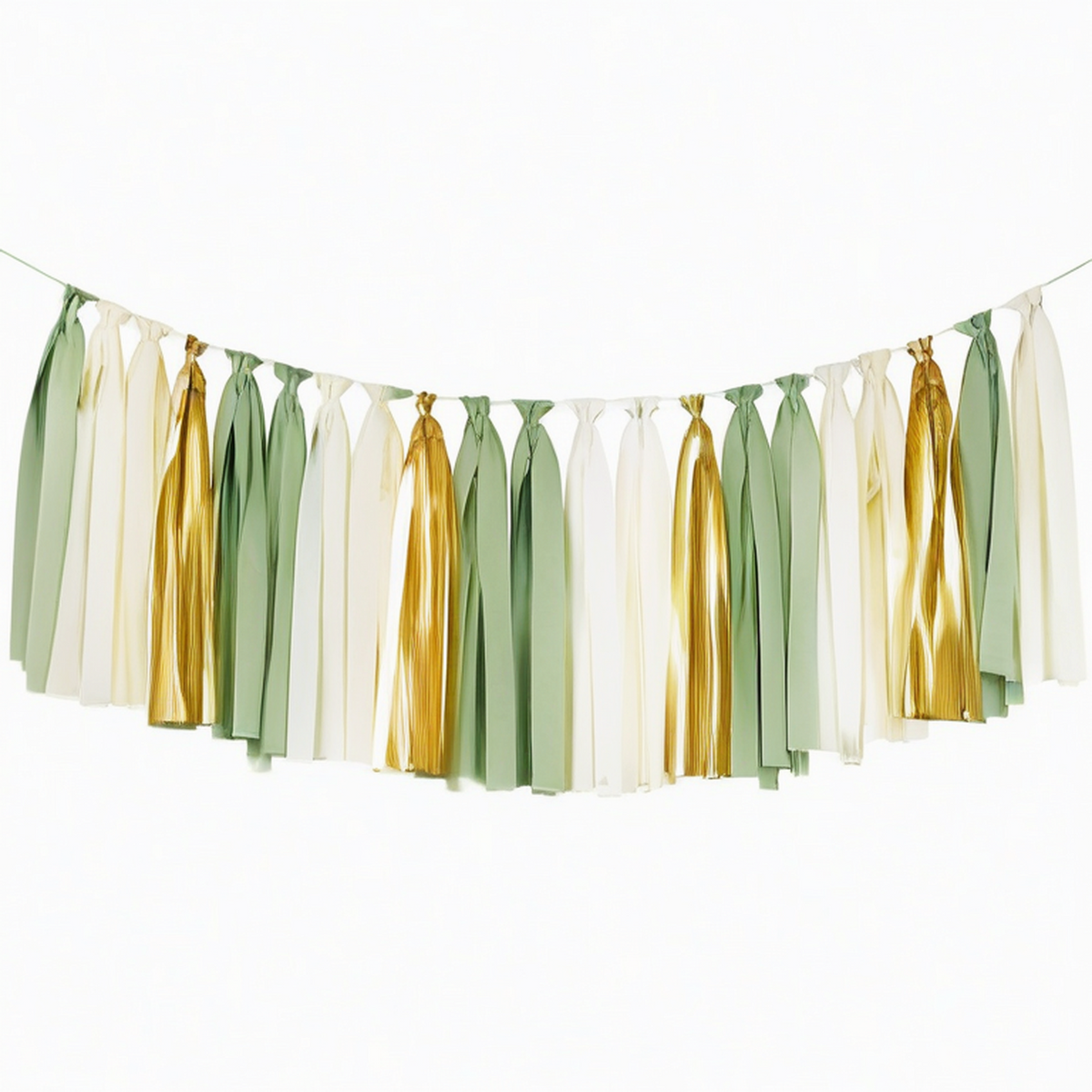 Ghirlanda decorativa 150 x 45 cm in tessuto e film metallizzato verde salvia avorio oro per feste