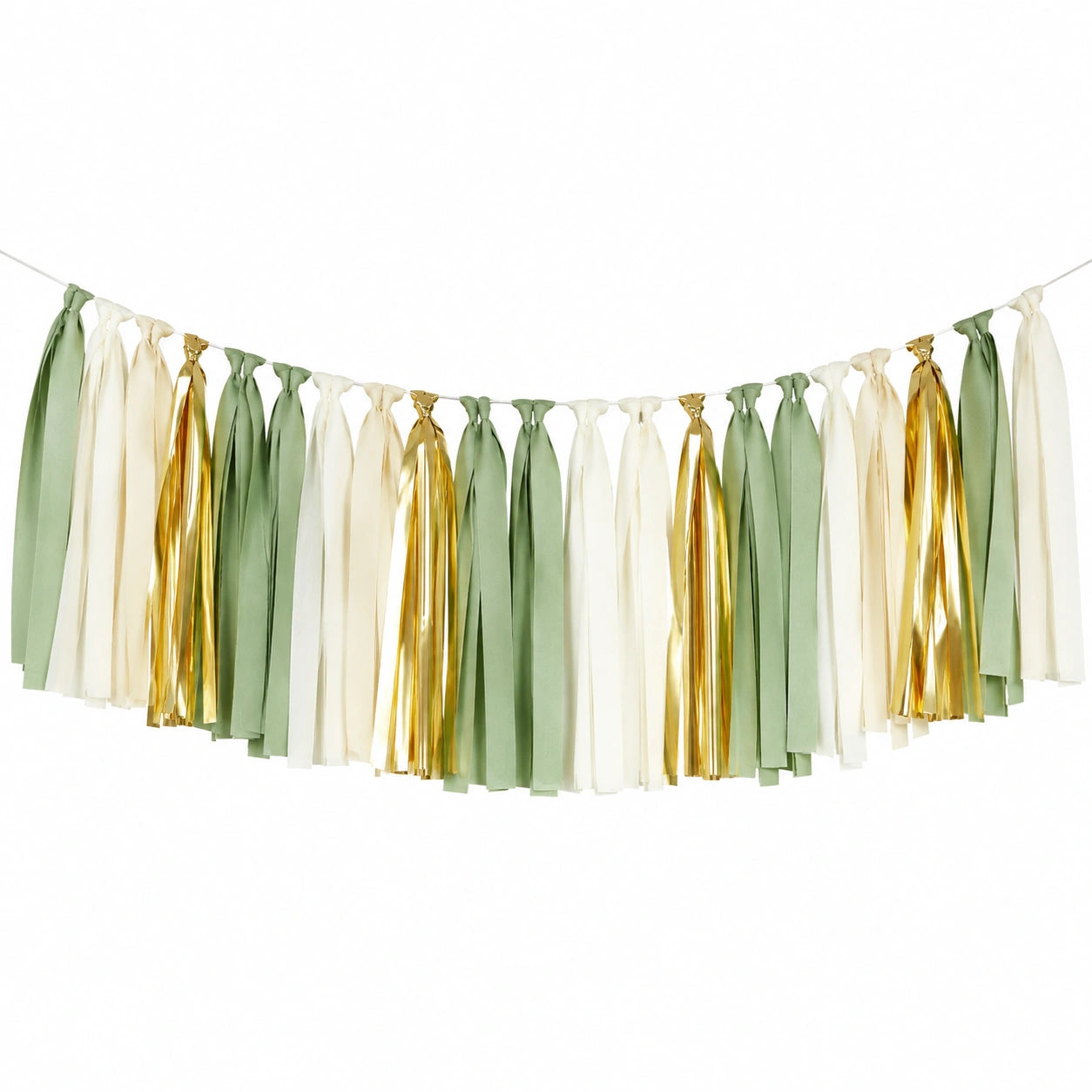 Ghirlanda decorativa 150 x 45 cm in tessuto e film metallizzato verde salvia avorio oro per feste