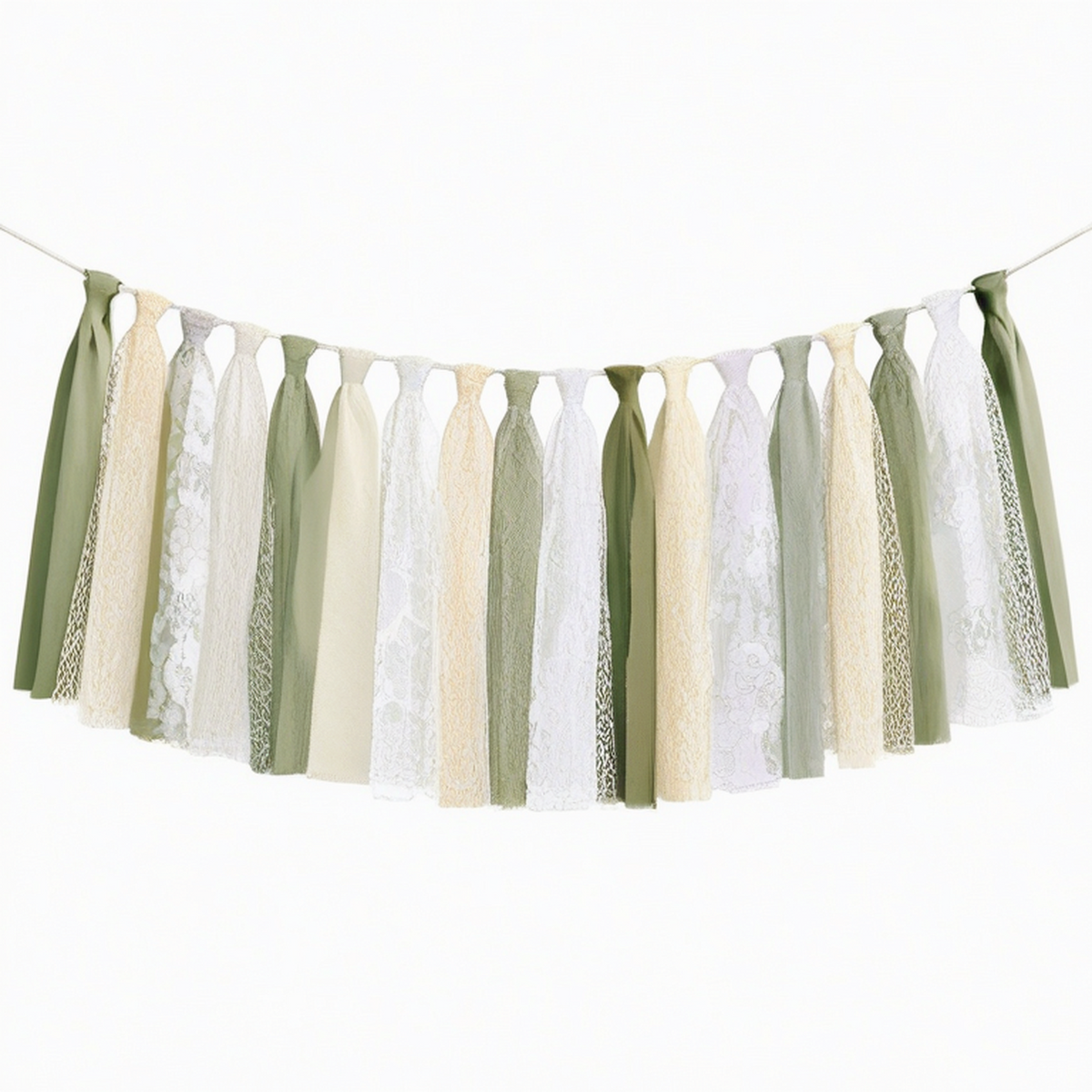 Ghirlanda decorativa con nappe 150 x 45 cm in tessuto verde salvia bianco e avorio - stile rustico