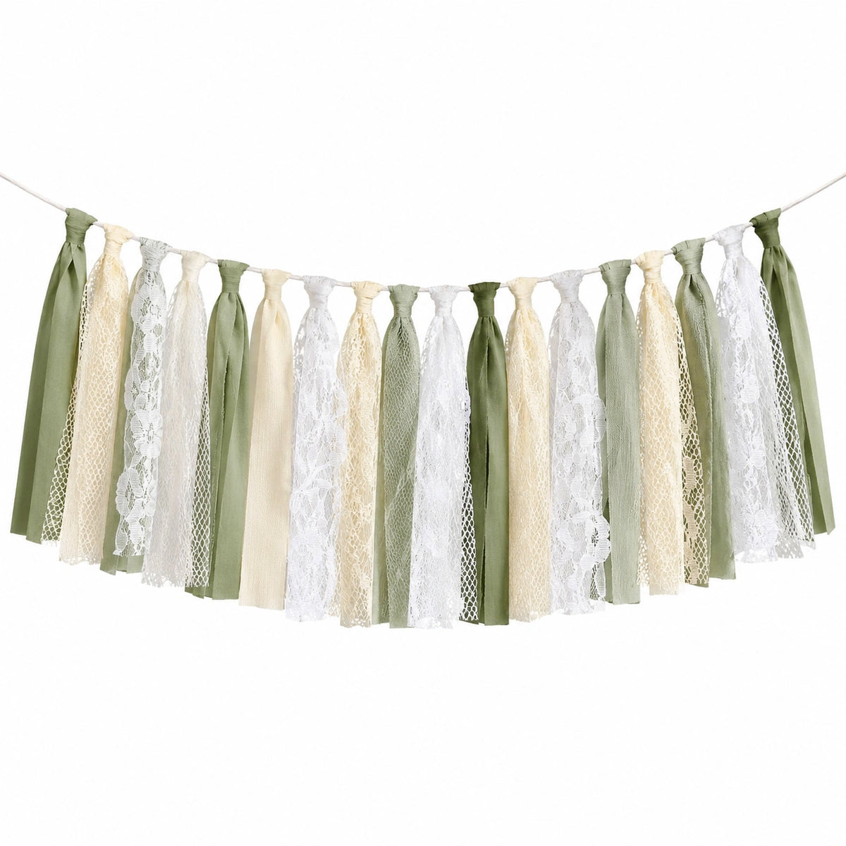 Ghirlanda decorativa con nappe 150 x 45 cm in tessuto verde salvia bianco e avorio - stile rustico