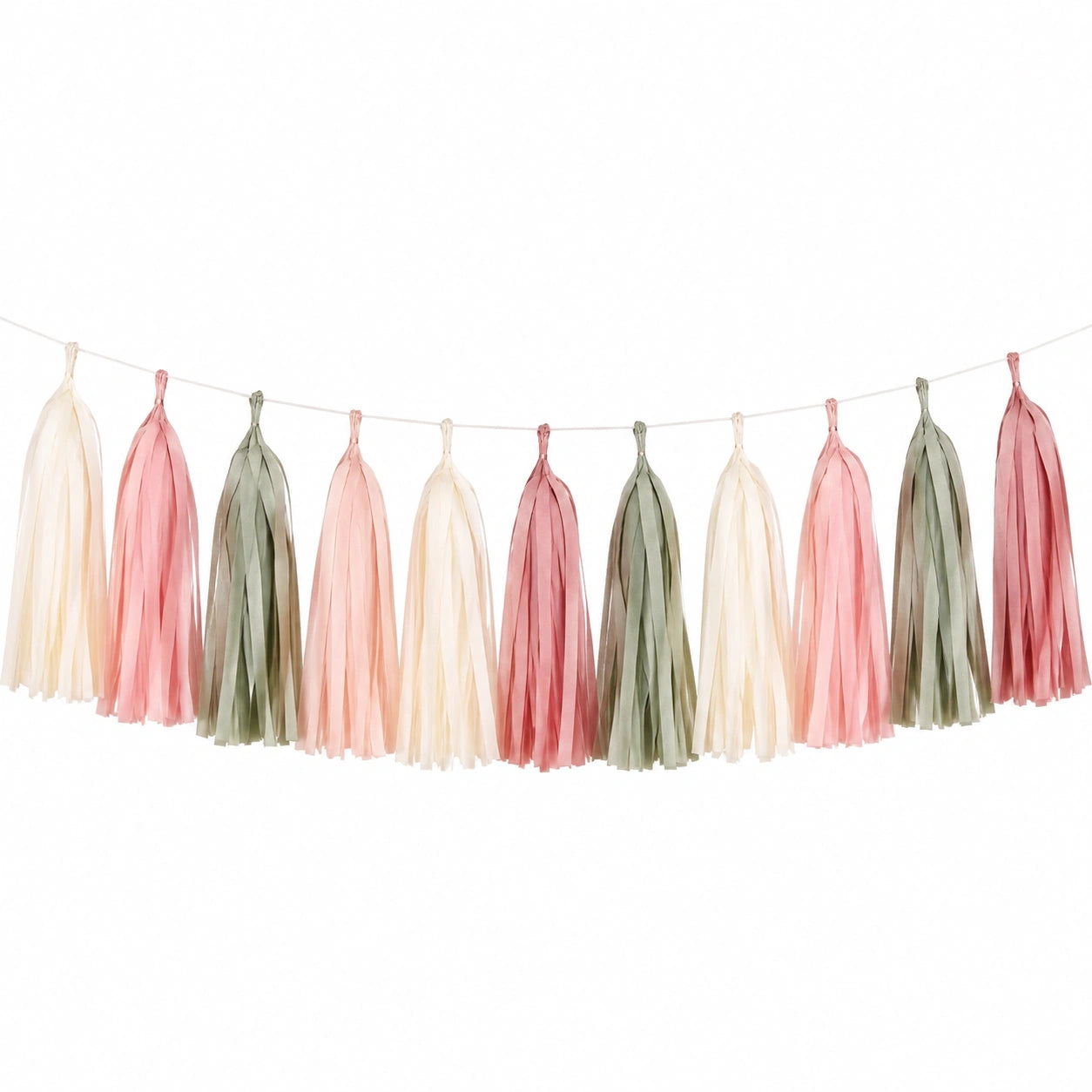 Ghirlanda decorativa 200 x 35 cm in carta con nappe rosa verde salvia e avorio per feste