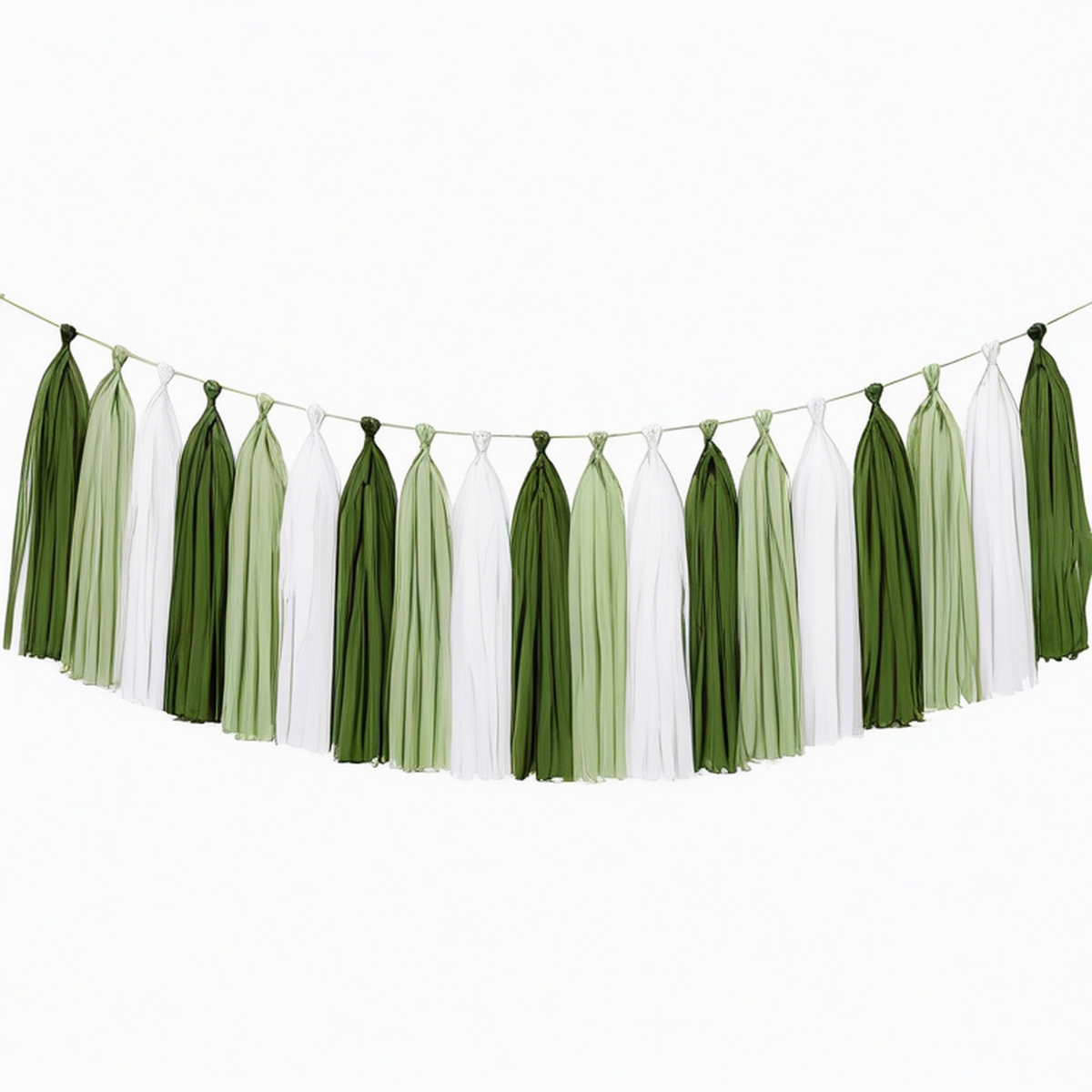 Ghirlanda di nappe 300 x 35 cm in carta velina verde e bianco per decorazioni feste stile naturale